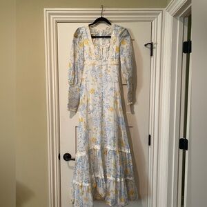 Vintage Gunne Sax Blue & Yellow Floral Prairie Maxi Dress 1970s